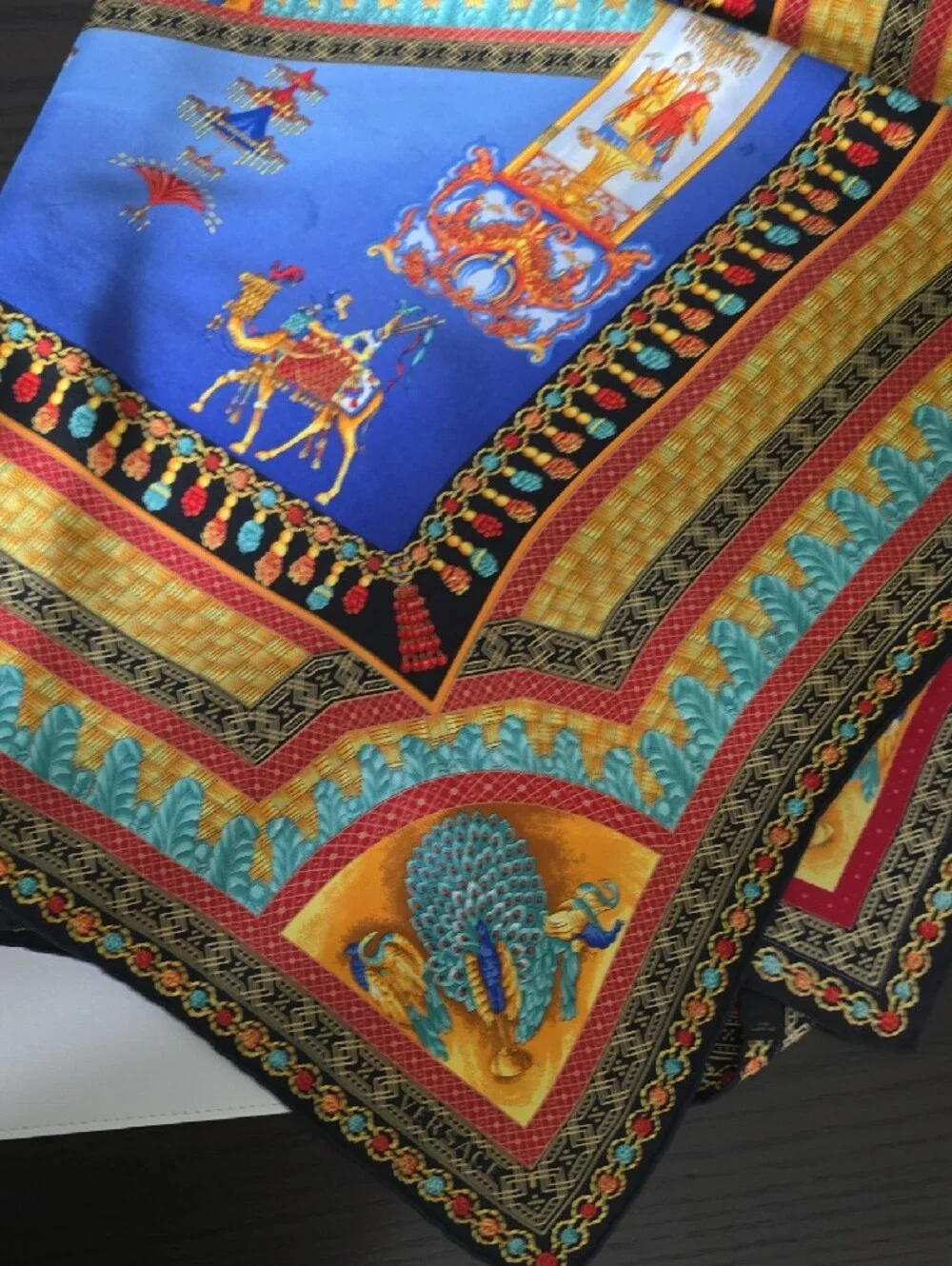 Versace Luxury Silk-Style Home Wall Decor Scarf in Blue and Gold